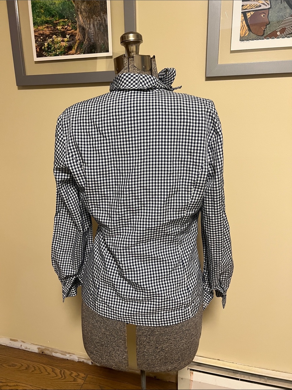 Classic Black & White Gingham Tie-Neck Button-Down Shirt - Picture 2 of 8